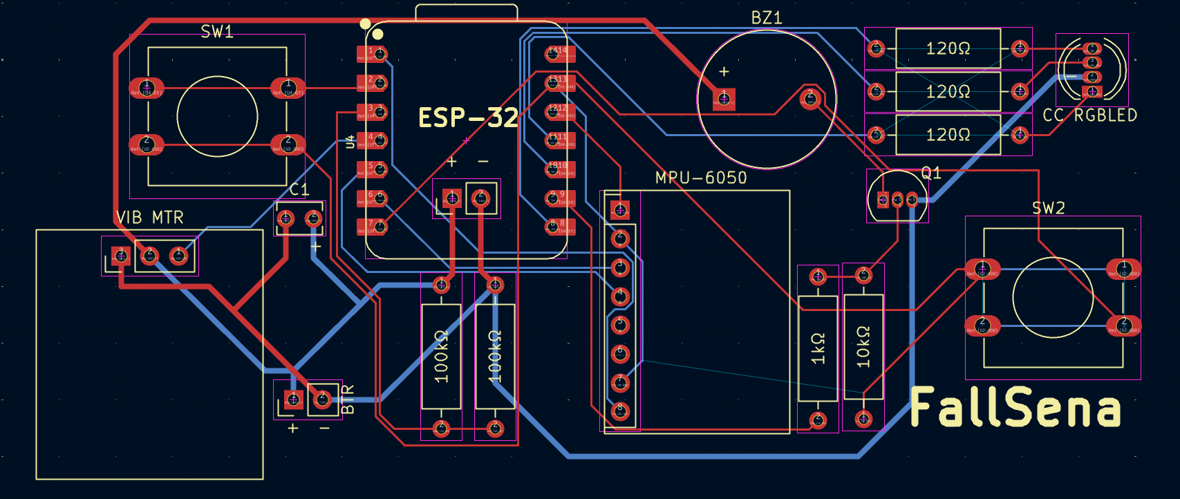 KiCad board layout showing where the ESP32-C6 module, MPU6050 sensor, buttons, and RGB LED sit on the FallSena board, with traces routed between them