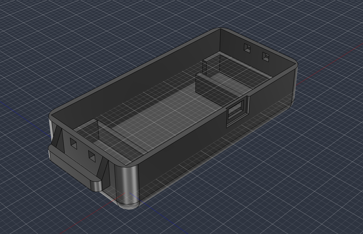 Fusion 360 render of the open FallSena enclosure case, showing its empty interior and the cutouts in its walls
