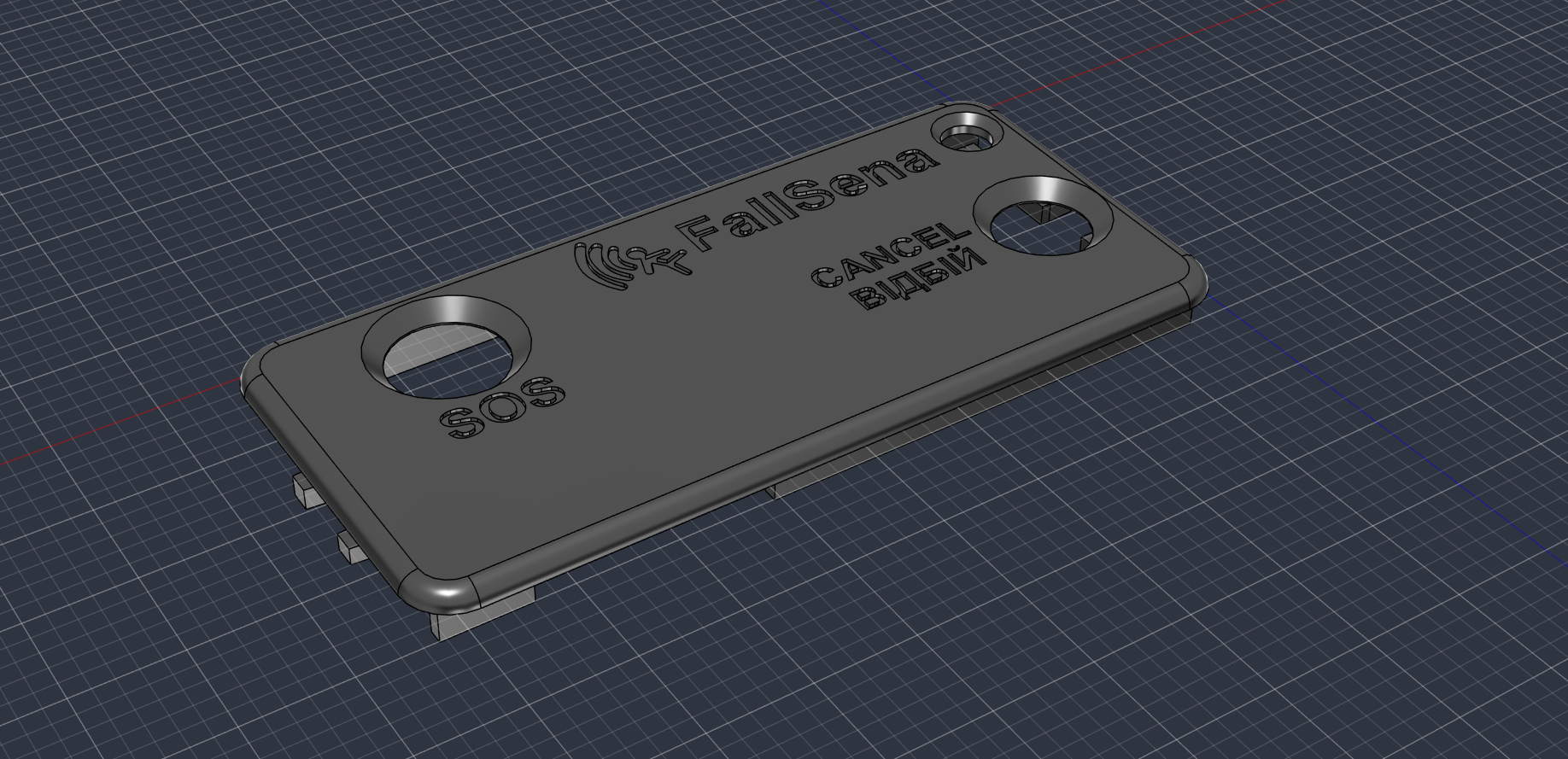 Fusion 360 render of the FallSena enclosure lid with the FallSena logo, an SOS button opening, and a Cancel button opening