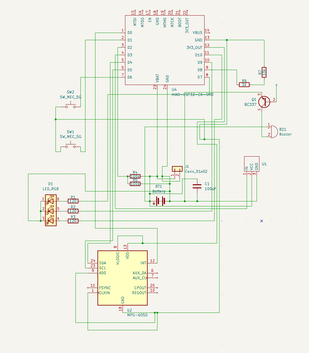 KiCad schematic of the FallSena board, connecting the ESP32-C6 module, MPU6050 sensor, RGB LED, buttons, and battery